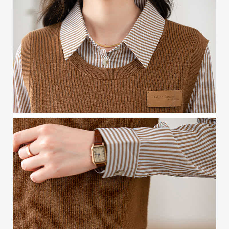 Stripe Print Knit Vest Lapel Shirt SpreePicky