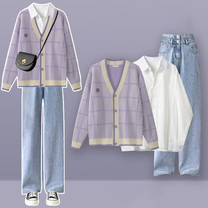 Purple Plaid Cardigan Lapel Shirt Denim Pants Set modakawa