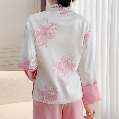 Vintage Floral Embroidery Buckle Long Sleeve Satin Shirt Modakawa