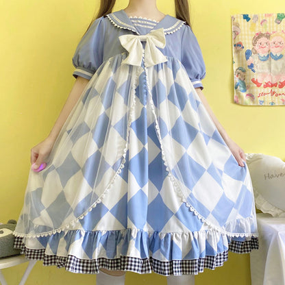 Sweet Bow Square Print Navy Collar Lolita Dress Modakawa