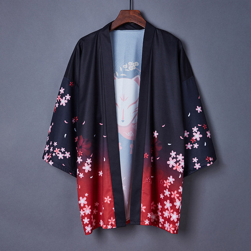 Charming Sakura Fox Print Kimono Outerwear Modakawa