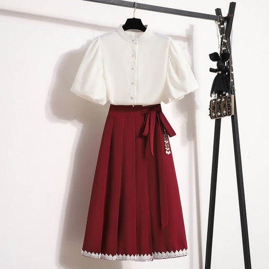 Elegant Pure Color Puff Sleeve T-Shirt Lace Up Pleated Skirt modakawa