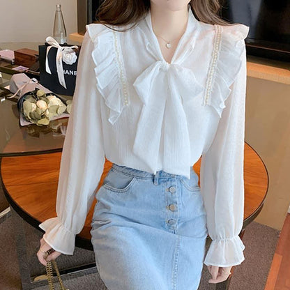 Elegant Bowknot Flouncing Chiffon Shirt modakawa