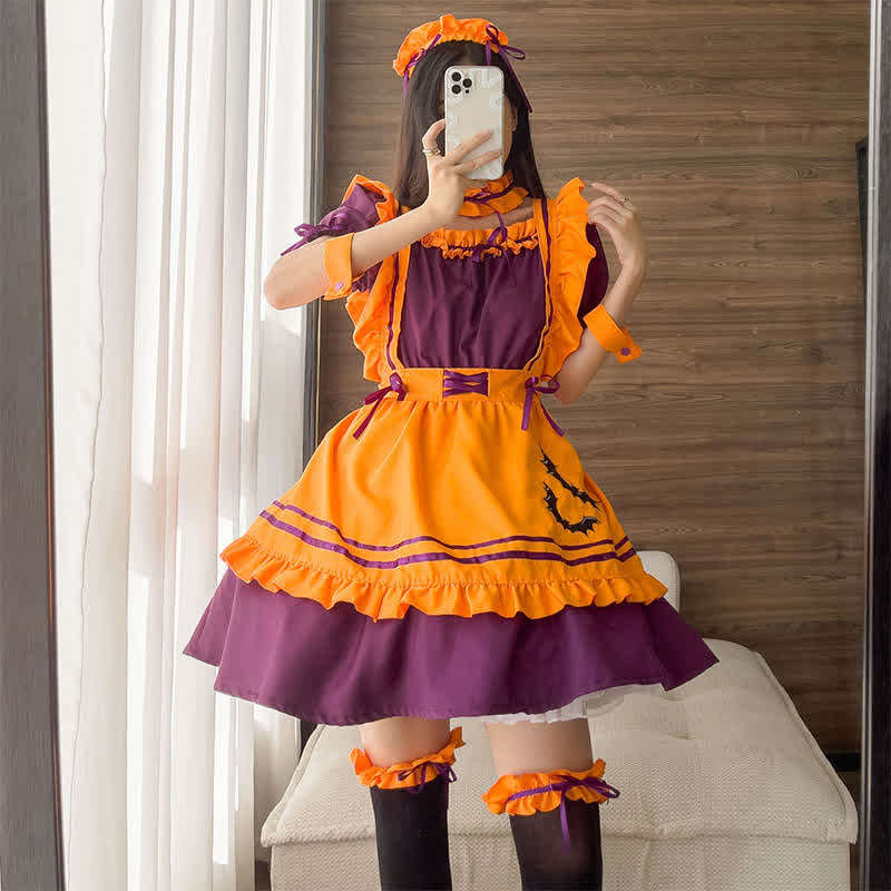 Cute Bat Embroidery Lace Up Ruffled Maid Dress Modakawa