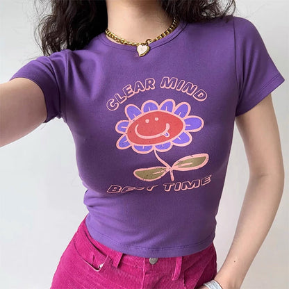 Purple Big Flowers Graphic Crop Top Boogzel Clothing