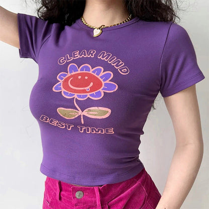 Purple Big Flowers Graphic Crop Top Boogzel Clothing