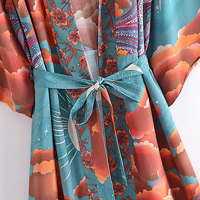 Boho Beach Moon Print Belt Robe Long Cardigan Kimono Outerwear modakawa