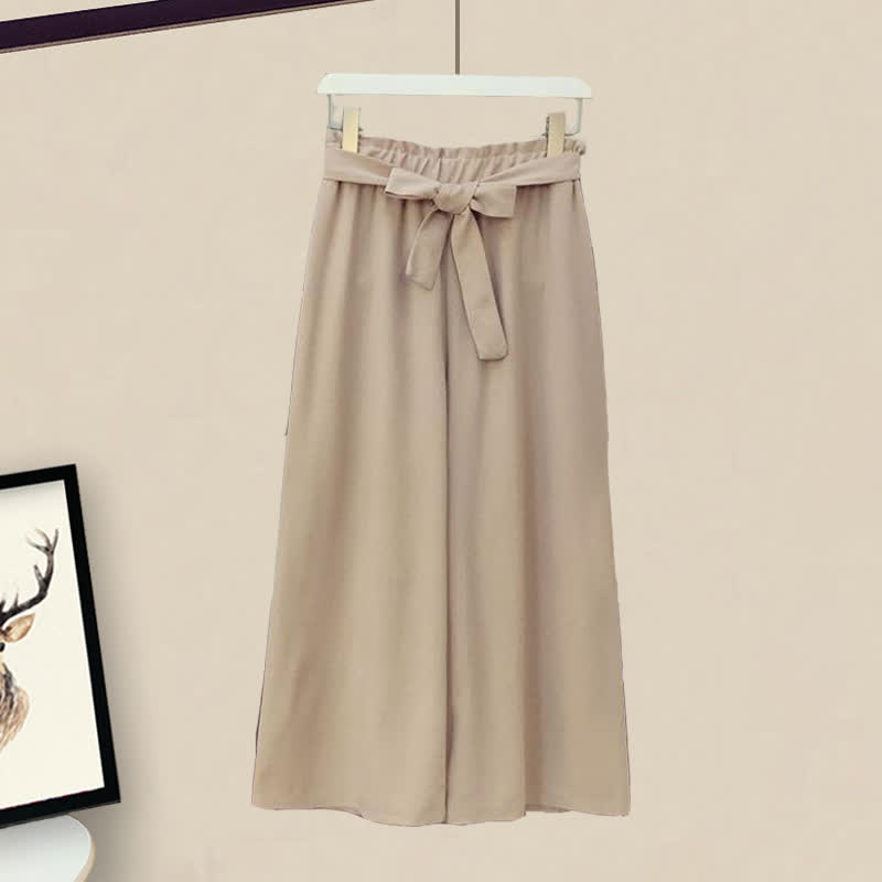 Elegant Bowknot Chiffon T-Shirt Lace Up Wide Leg Pants modakawa