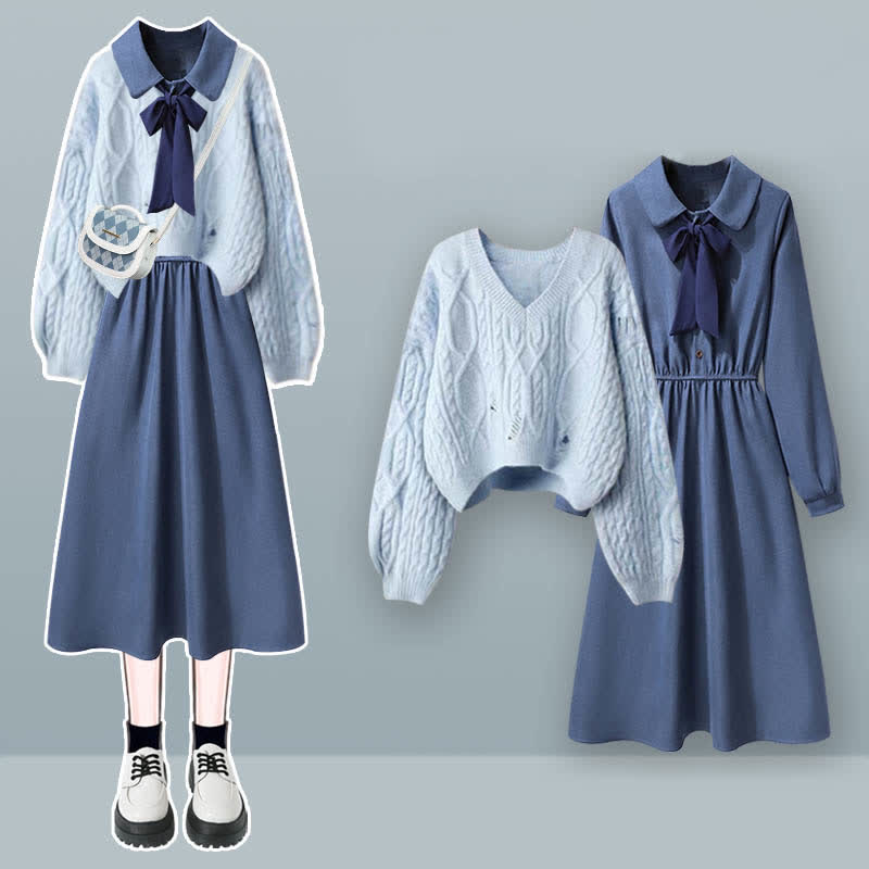 Blue Knit Sweater Bow Tie Lapel A-line Dress modakawa