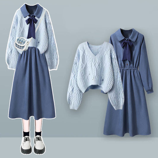 Blue Knit Sweater Bow Tie Lapel A-line Dress modakawa