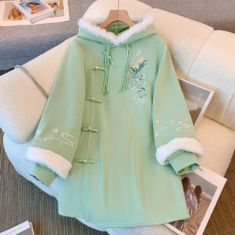 Delicate Flower Embroidery Buckle Plush Hooded Sweatshirt Dress modakawa