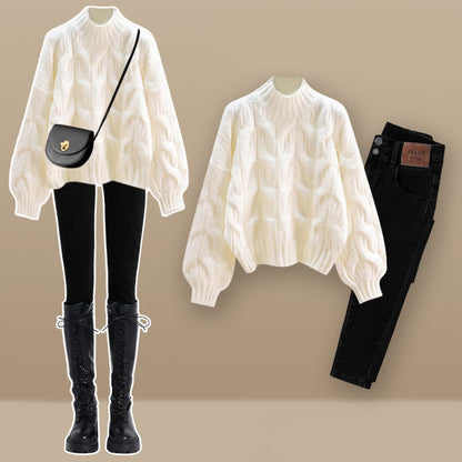 Elegant Pure Color Cable Sweater Plush Pants Set modakawa