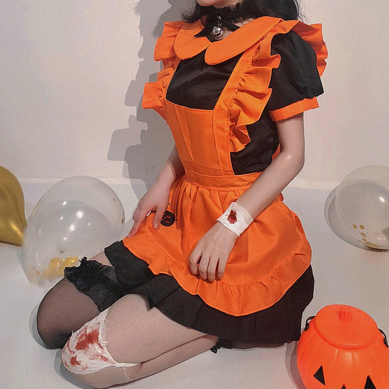 Kawaii Pumpkin Bat Embroidery Doll Collar Maid Dress Modakawa