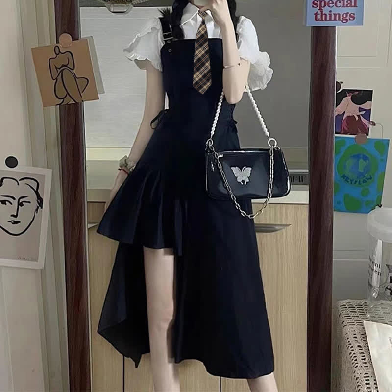 JK Flouncing Sleeve Tie Polo T-Shirt Irregular Lace Up Suspender Dress modakawa