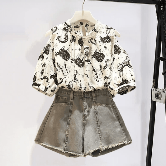 Kitty Print Cold Shouder Chiffon Shirt Casual Denim Shorts modakawa