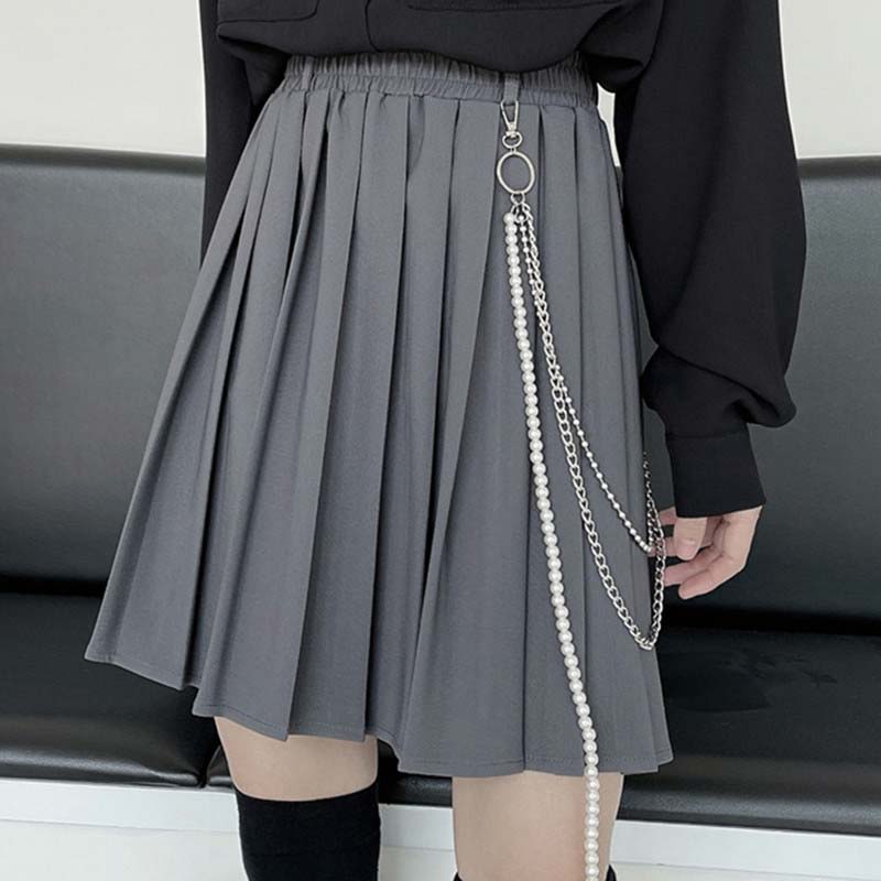 Gothic Chain Pure Color Pleated Skirt modakawa