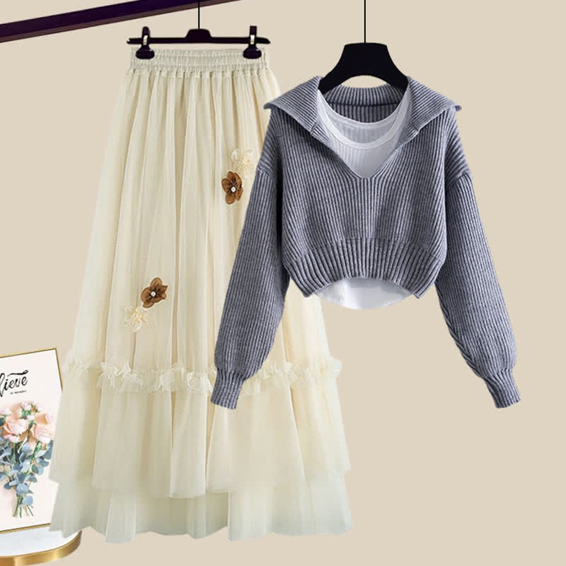 Knit Sweater Cami Top Blossom Tulle Skirt modakawa