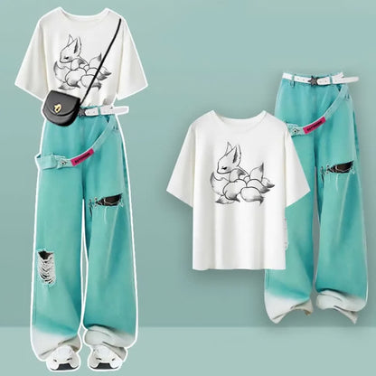 Cartoon Print Casual T-shirt Green Ripped Pants modakawa