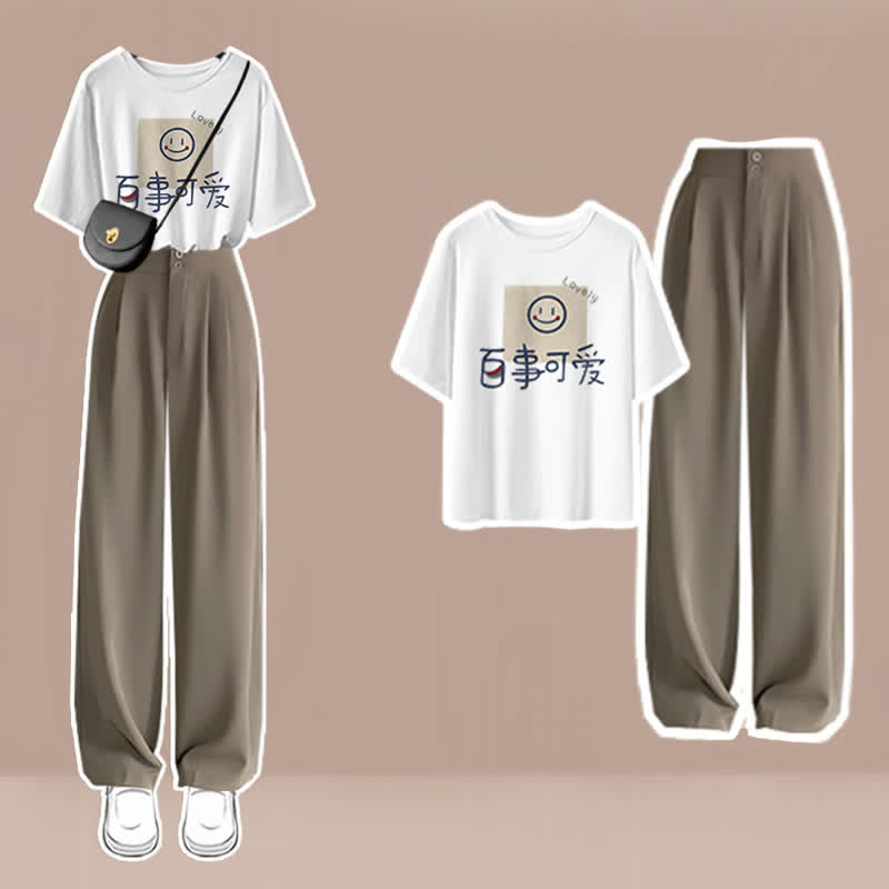 Cartoon Print T-Shirt High Waist Wide Leg Pants modakawa