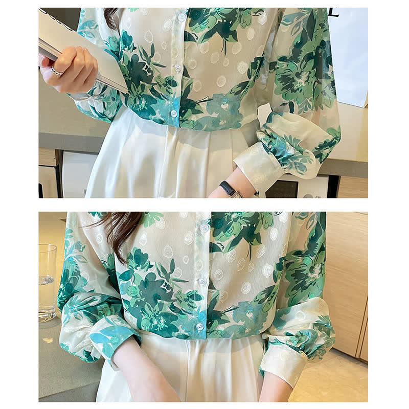 Green Floral Print Puff Sleeve Chiffon Shirt modakawa