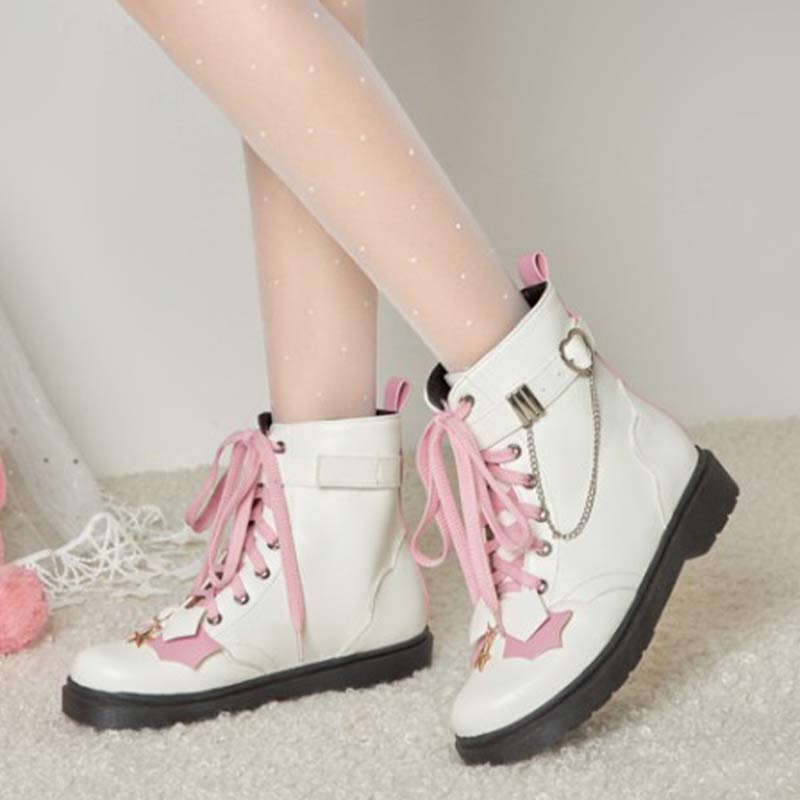 Pink Bow Knot Chain Lace-up Front Boots Modakawa