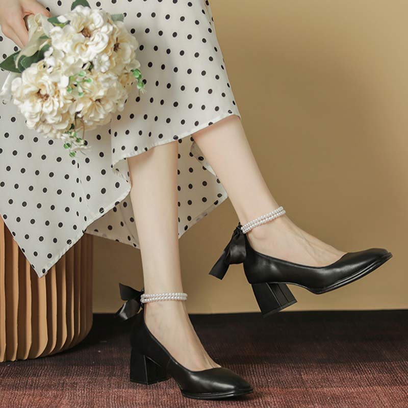 Elegant Pearl Bow High-heeled Shoes Modakawa