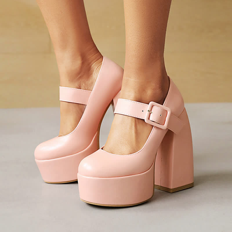 Pure Color Chunk High Heel Mary Janes Shoes modakawa