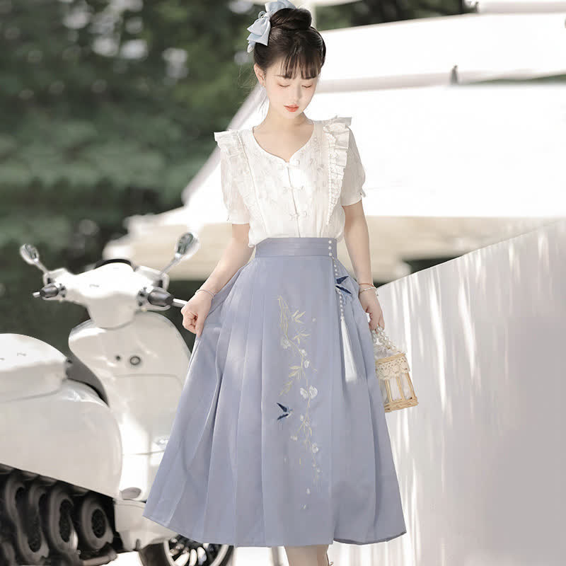 Sweet Buckle T-Shirt Embroidery Tassel Pleated Skirt modakawa