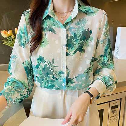 Green Floral Print Puff Sleeve Chiffon Shirt modakawa