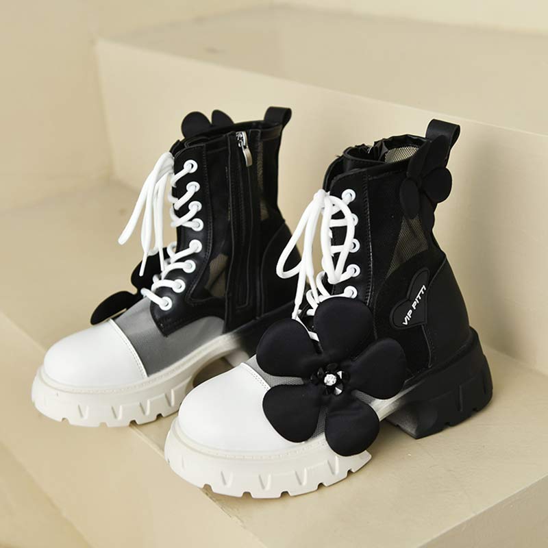 Gradient Color Floral Mesh Platform Boots Modakawa