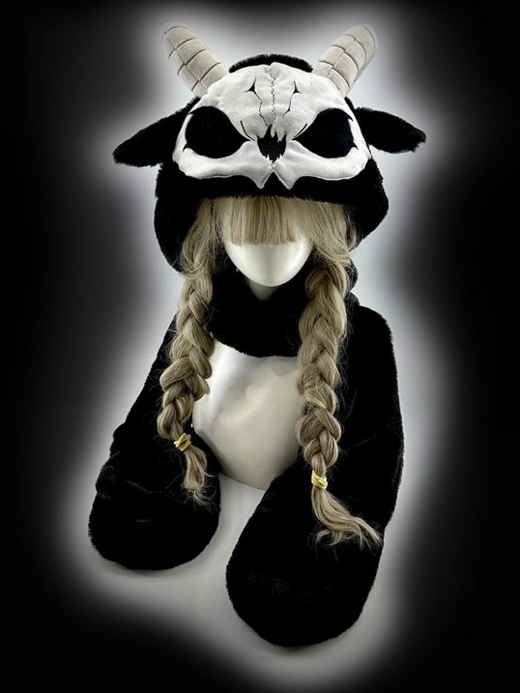 Black and White Scarf Gloves and Hat All-in-one with Horns mySite