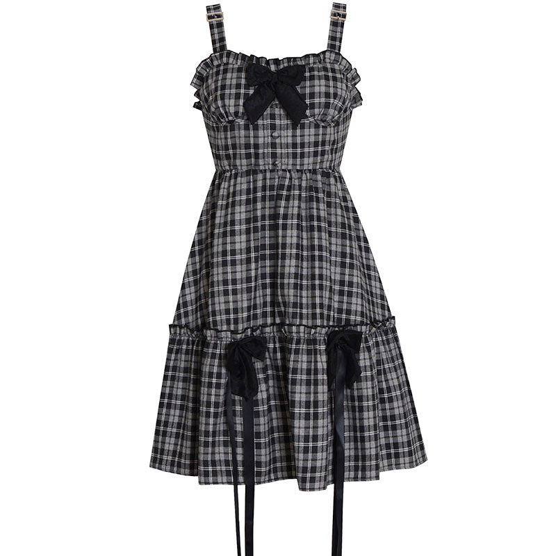 Sweet Lattice Print Bow Knot Slip Dress modakawa