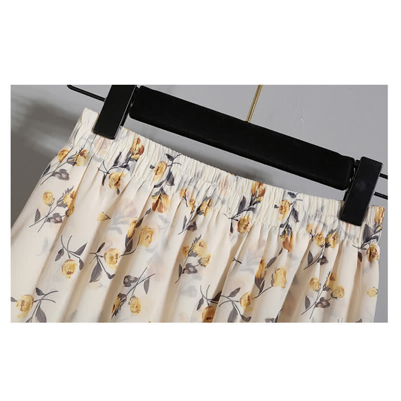 Yellow Flower Embroidery T-Shirt Floral Print Skirt modakawa