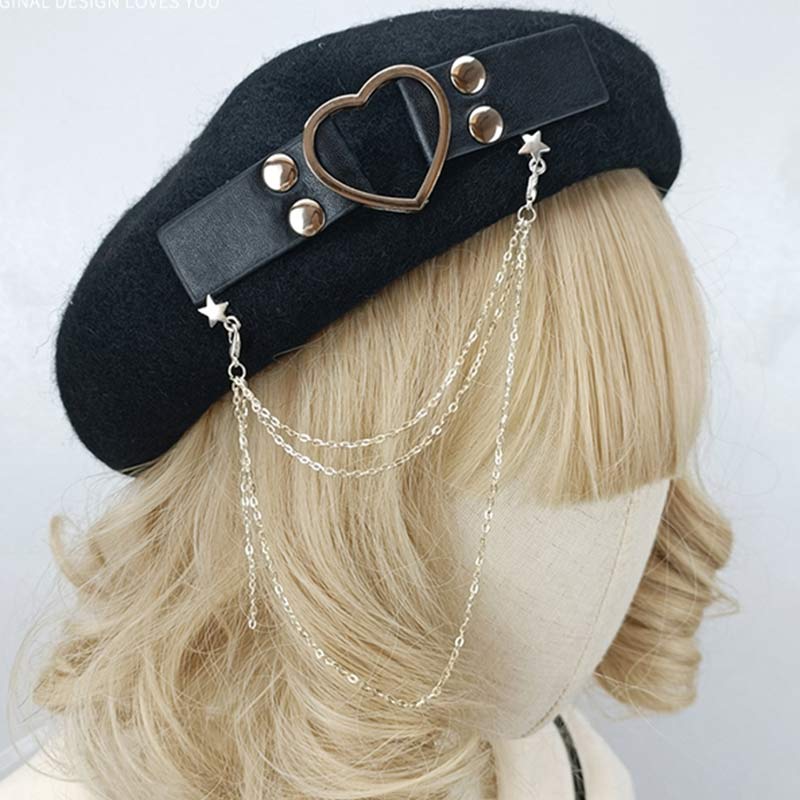 Y2K Love Heart Chain Lolita Beret modakawa