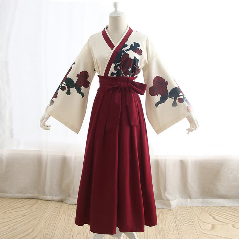 Vintage Rose Flower Print Kimono Shirt Lace Up Pleated Skirt modakawa