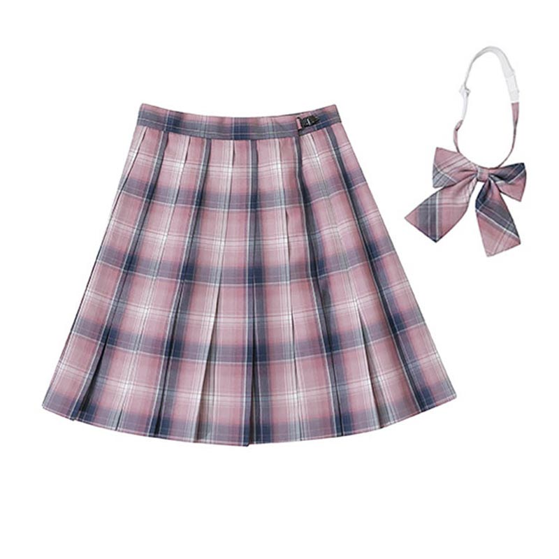 Plaid Print Pleated Skirt Bow Tie Set Modakawa