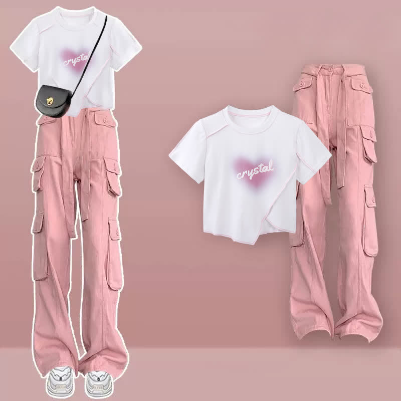 Pink Love Heart Print Crop Top T-Shirt Pink Cargo Pants modakawa