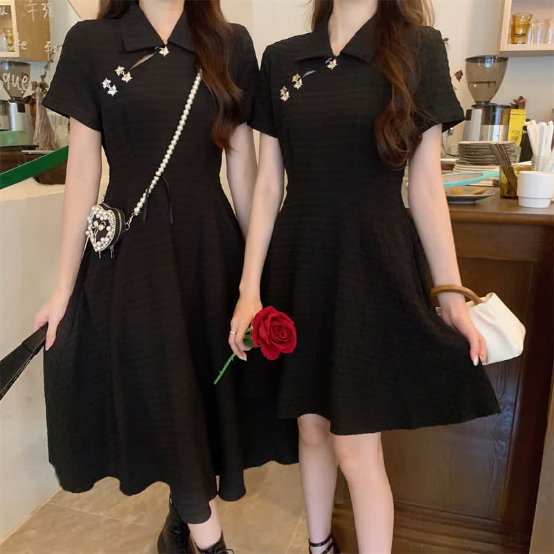 Elegant Black Lapel A-line Cheongsam Dress modakawa