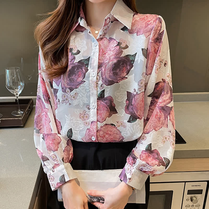 Pink Floral Embroidery Puff Sleeve Chiffon Shirt Workwear modakawa