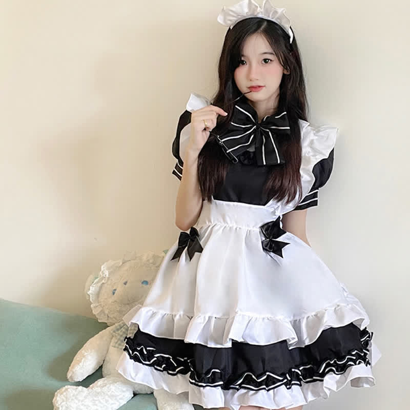 Lolita Devil Bow Knot Ruffled Maid Dress Modakawa