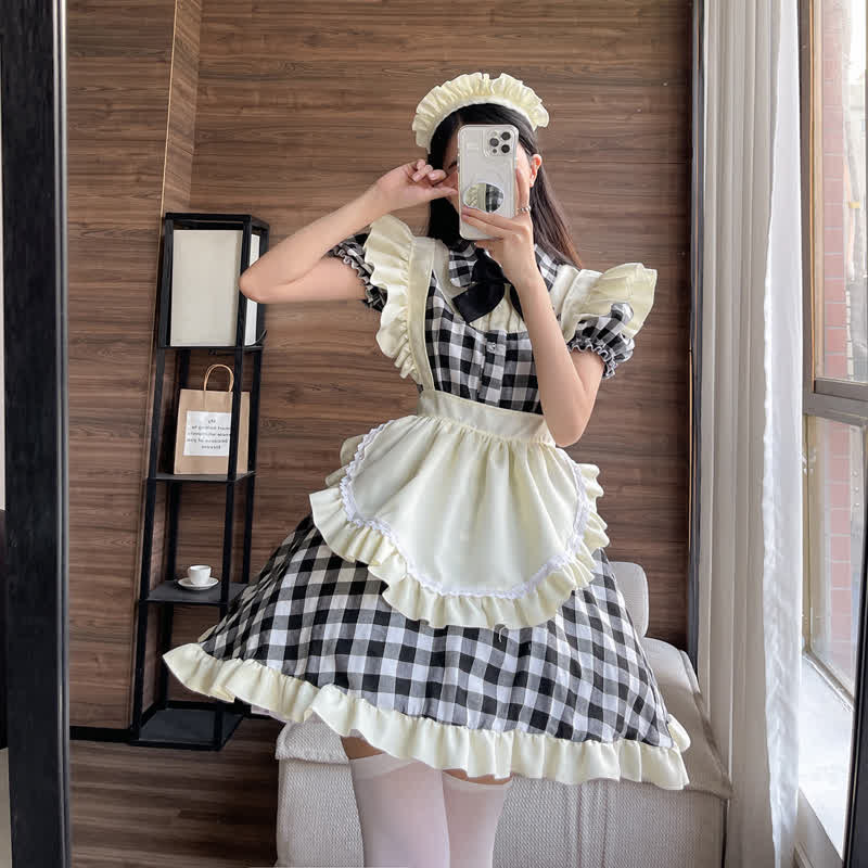 Sweet Bow Knot Ruffled Plaid Maid Dress Modakawa