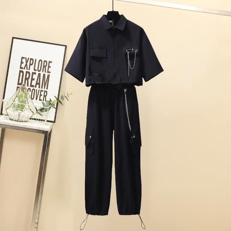 Chic Chain Pocketed Polo T-Shirt Casual Cargo Pants modakawa