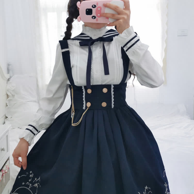 Sailor Collar Shirt Cartoon Dolphin Print Suspender Skirt modakawa