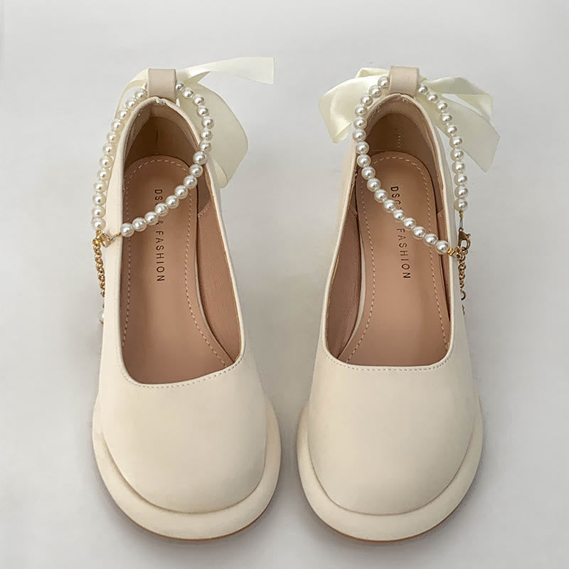 Pearl Buckle Thick Heel Mary Jane Shoes modakawa