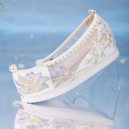 White Floral Embroidery Pearl Decor Mesh Shoes modakawa