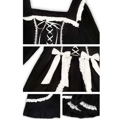 Black Lace Up Lolita Bow-Knot Maid Dress Modakawa