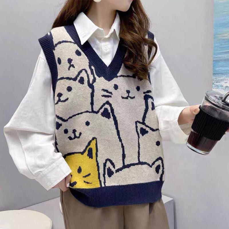 Cute Kitty Print Vest Lace Up Shirt Set Modakawa