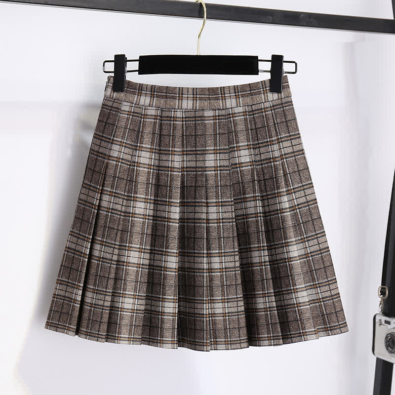 Elegant Doll Collar Knit Sweater Plaid Print Pleated Skirt modakawa