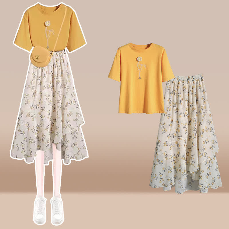 Yellow Flower Embroidery T-Shirt Floral Print Skirt modakawa