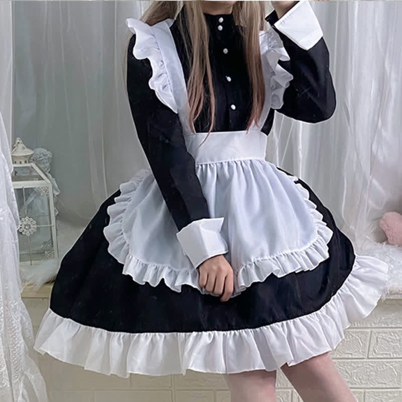 Black Button Long Sleeve Ruffled Lolita Maid Dress Modakawa